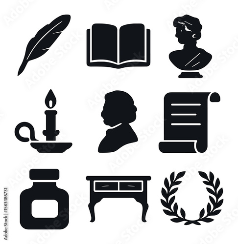 Literary Icons Grid. Solid, filled icons set of historical portraits of literary figures: quill pen, open book
