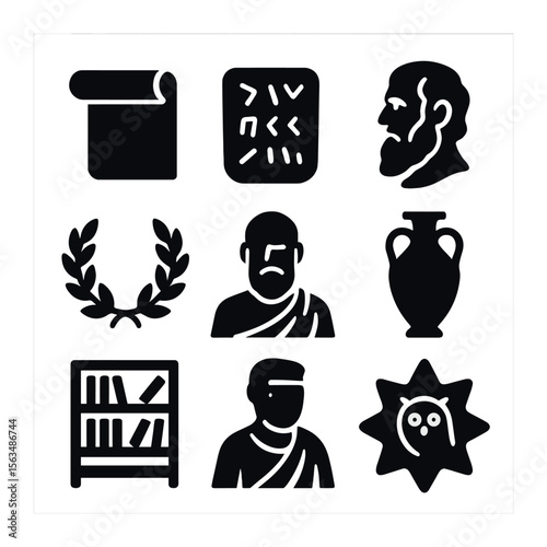 Ancient Wisdom Icons. Solid, filled icons set of ancient philosophers and scribes: papyrus roll, chisel tablet