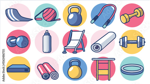 Collection of fitness equipment icons including weights mats and other exercise related items shown here