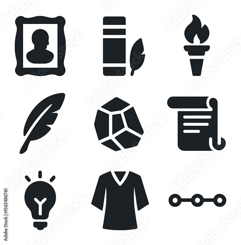 Literary Icon Set. Solid, filled icons set of literary heritage symbols: portrait frame, classic book spine,