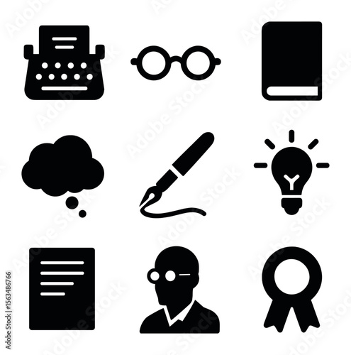 Modernist Icons Grid. Solid, filled icons set of modernist authors and thinkers: typewriter icon, glasses