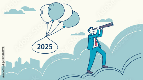 Businessman with Telescope Exploring 2025 Vision, Future Planning, Innovation, Leadership, Goals, Strategy, Growth, Success, and Inspiration