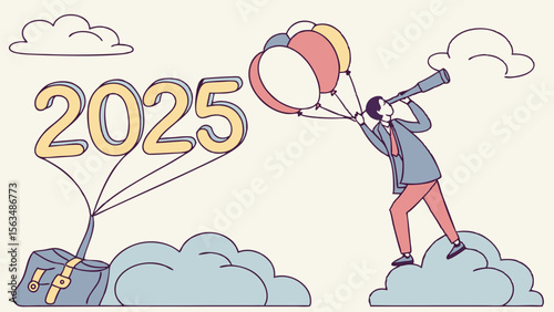 Businessman uses telescope while standing clouds, holding colorful balloons, envisioning future