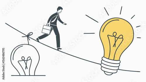 Businessman Pursuing Innovation and Growth—Leadership, Strategy, Risk, Opportunity, Focus, and Goal-Driven Achievement, walks tightrope symbolizing balance