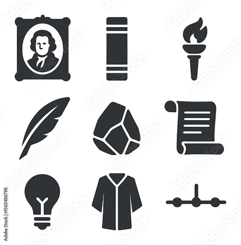 Literary Icon Set. Solid, filled icons set of literary heritage symbols: portrait frame, classic book spine,