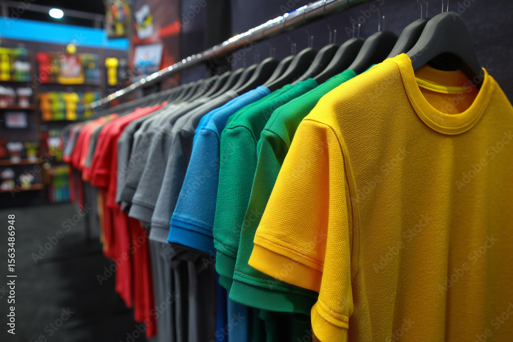 Fototapeta premium Colorful t-shirts hanging on rack in retail store