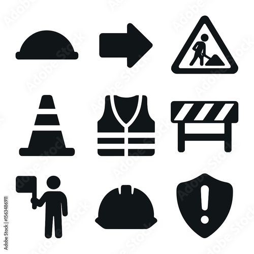Construction Icons Grid. Solid, filled icons set of construction and road works warnings: temporary speed bump