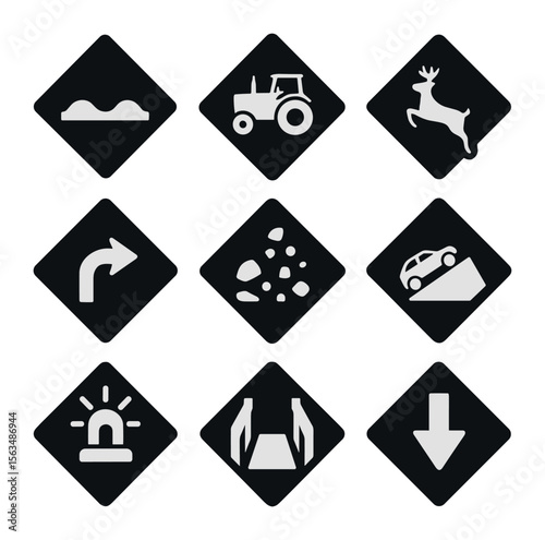 Rural Road Icon Set. Solid, filled icons set of rural road caution signs: dirt road bump, farm vehicle