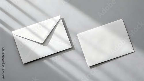 Two blank white envelopes are placed on a textured gray surface with diagonal light and shadow patterns