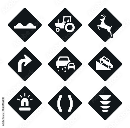 Rural Road Icon Set. Solid, filled icons set of rural road caution signs: dirt road bump, farm vehicle