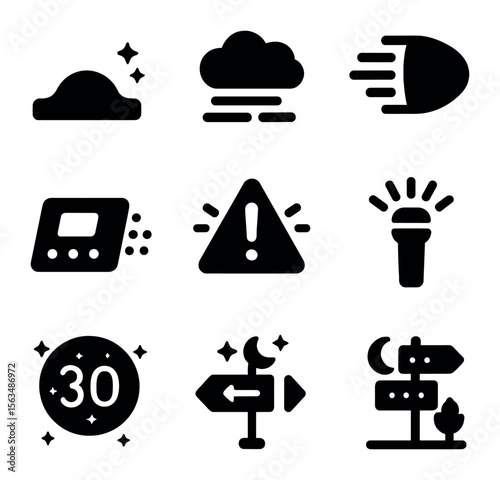 Night Driving Icons. Solid, filled icons set of nighttime driving caution signs: reflective bump icon, low