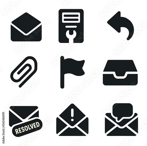 Email Support Icons. Solid, filled icons set of email and ticket support: open envelope, support ticket form,