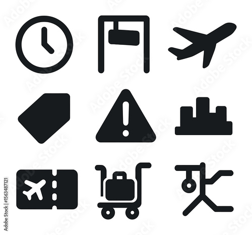 Flight Info Icons. Solid, filled icons set of flight information board details: departure clock, arrival gate,