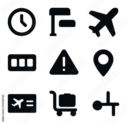 Flight Info Icons. Solid, filled icons set of flight information board details: departure clock, arrival gate,