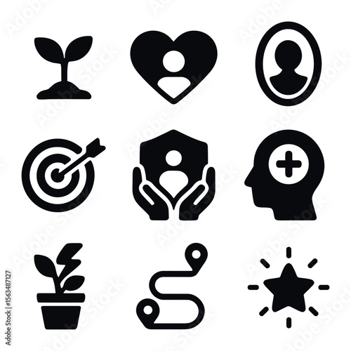 Personal Growth Icons. Solid, filled icons set of personal growth and acceptance: growth plant, self-love