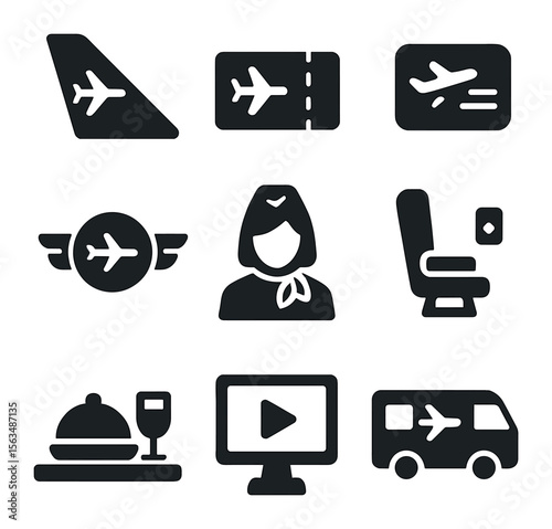 Airline Icons Grid. Solid, filled icons set of airline logos and branding: airplane tail fin, airline ticket,