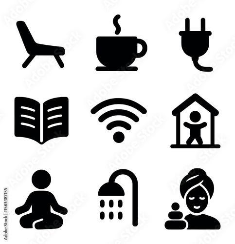 Airport Amenities Icons. Solid, filled icons set of airport amenities and comfort: lounge chair, coffee cup,