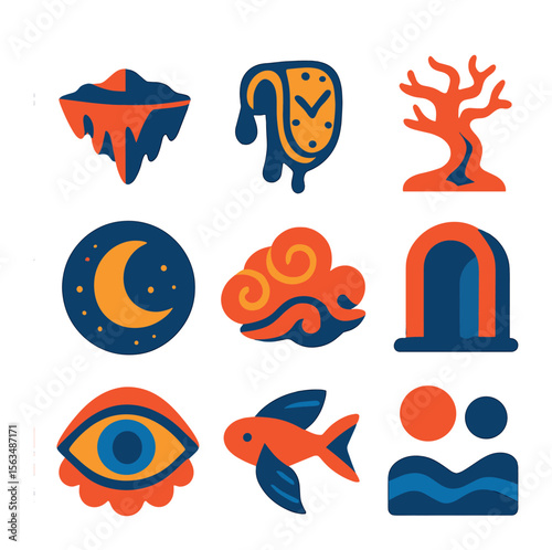 Surreal Dreamscape Icons. Solid, filled icons set of vivid surreal dreamscapes: floating islands, melting