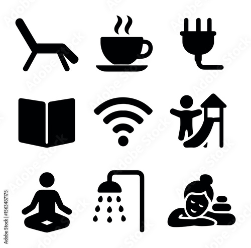 Airport Amenities Icons. Solid, filled icons set of airport amenities and comfort: lounge chair, coffee cup,