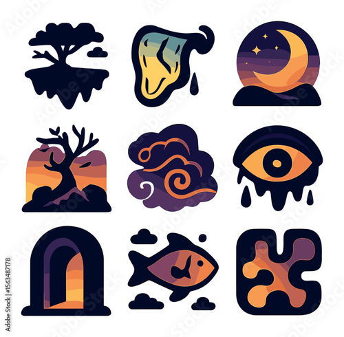 Surreal Dreamscape Icons. Solid, filled icons set of vivid surreal dreamscapes: floating islands, melting