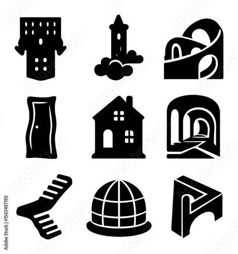 Surreal Architecture Icons. Solid, filled icons set of surreal dream architecture: upside-down buildings,