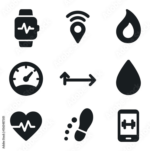 Outdoor Fitness Icons. Solid, filled icons set of outdoor fitness tracking: smartwatch, GPS signal, calorie
