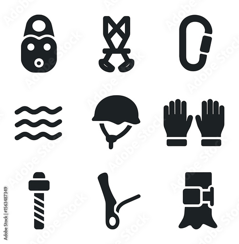 Zip Line Gear Icons. Solid, filled icons set of zip line pulley equipment: pulley wheel, safety harness,
