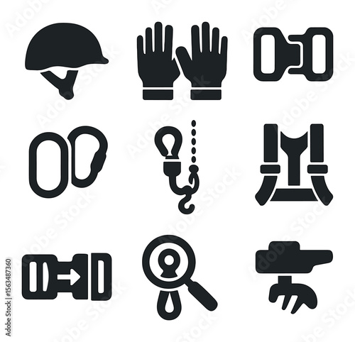 Zipline Safety Icons. Solid, filled icons set of zip line safety features: helmet icon, safety gloves, harness