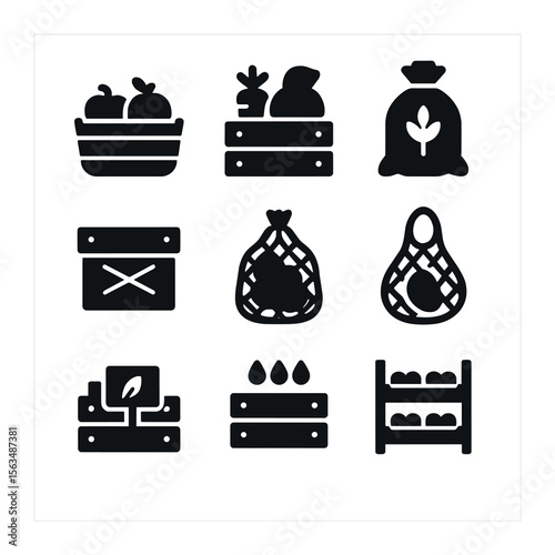 Agricultural Storage Icons. Solid, filled icons set of agricultural product storage: fruit basket, vegetable