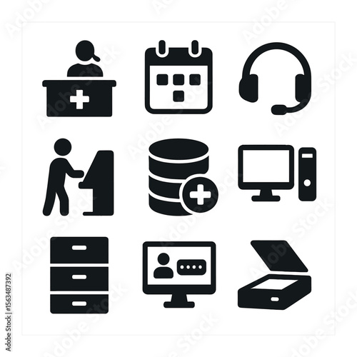 Medical Icons Grid. Solid, filled icons set of medical office administration: receptionist desk, appointment
