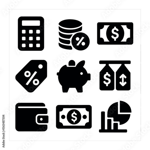Budgeting Icon Set. Solid, filled icons set of budgeting and savings: calculator, coin stack, dollar bill,