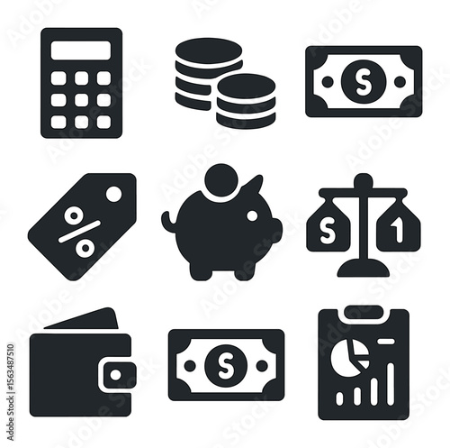 Budgeting Icon Set. Solid, filled icons set of budgeting and savings: calculator, coin stack, dollar bill,