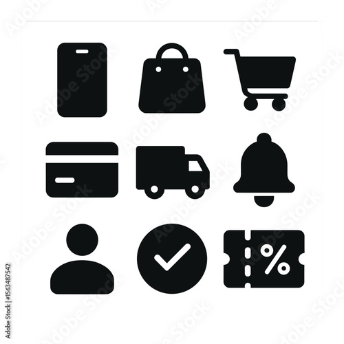 E-commerce Icons Grid. Solid, filled icons set of online and mobile shopping: smartphone, app icon, digital