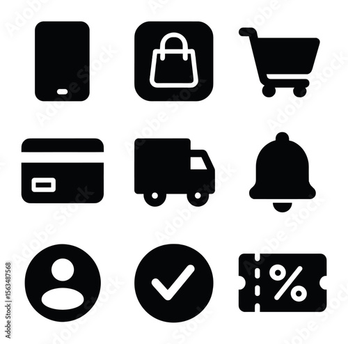 E-commerce Icons Grid. Solid, filled icons set of online and mobile shopping: smartphone, app icon, digital