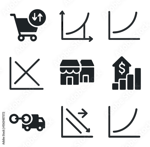 Microeconomic Icons Grid. Solid, filled icons set of microeconomic analysis: consumer choice, production