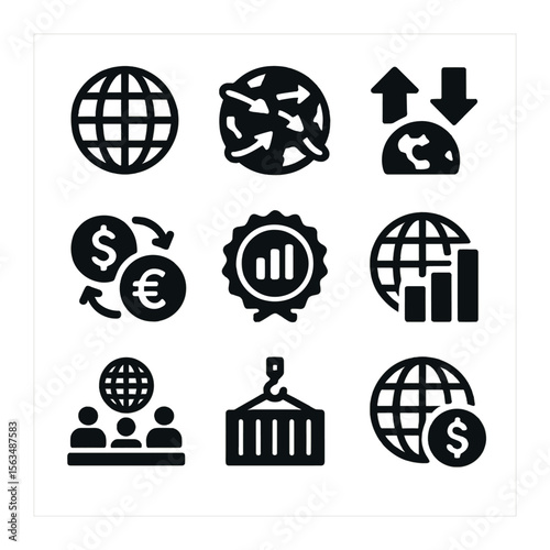 International Economics Icons. Solid, filled icons set of international economics: globe icon, trade route,