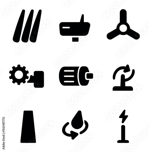 Wind Energy Icons. Solid, filled icons set of wind energy components: turbine blades, nacelle, rotor hub,