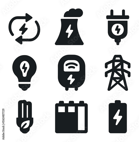 Energy Icons Grid. Solid, filled icons set of energy production and distribution: energy flow, power plant,