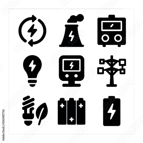 Energy Icons Grid. Solid, filled icons set of energy production and distribution: energy flow, power plant,