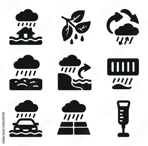 Rain Impact Icons. Solid, filled icons set of rain impact on environment: flooded street, wet leaves, water