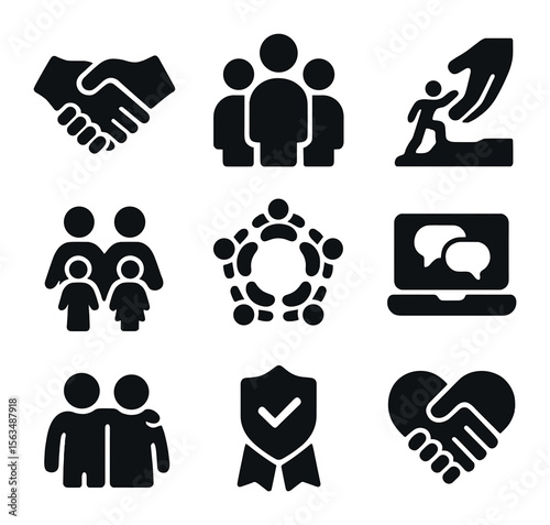 Social Support Icons. Solid, filled icons set of social support systems: handshake, group of people, helping