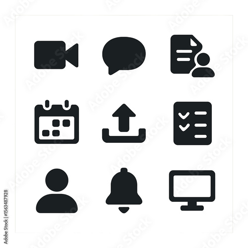 Digital Collaboration Icons. Solid, filled icons set of digital collaboration platforms: video call, chat