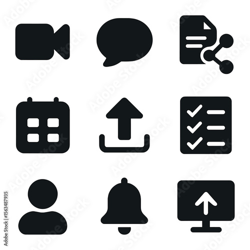 Digital Collaboration Icons. Solid, filled icons set of digital collaboration platforms: video call, chat