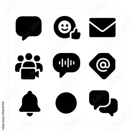 Communication Icons Grid. Solid, filled icons set of communication features: chat bubble, emoji reactions,