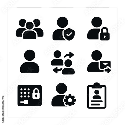 User Management Icons. Solid, filled icons set of user management and roles: user group, admin badge,