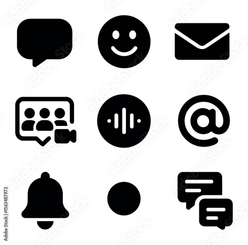 Communication Icons Grid. Solid, filled icons set of communication features: chat bubble, emoji reactions,
