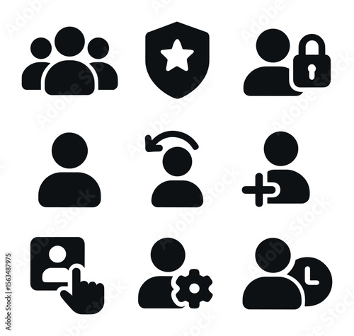 User Management Icons. Solid, filled icons set of user management and roles: user group, admin badge,