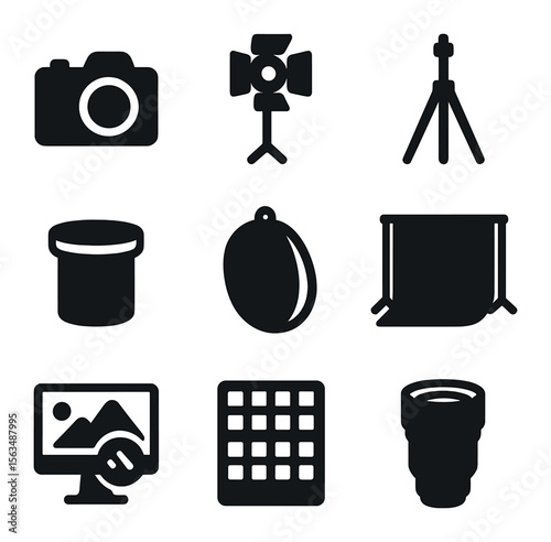 Retail Photography Icon Set. Solid, filled icons set of commercial product photography for retail: camera,