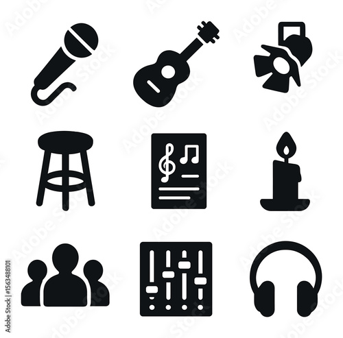 Intimate Concert Icons. Solid, filled icons set of solo performances and intimate concerts: microphone,