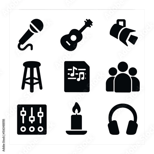Intimate Concert Icons. Solid, filled icons set of solo performances and intimate concerts: microphone,